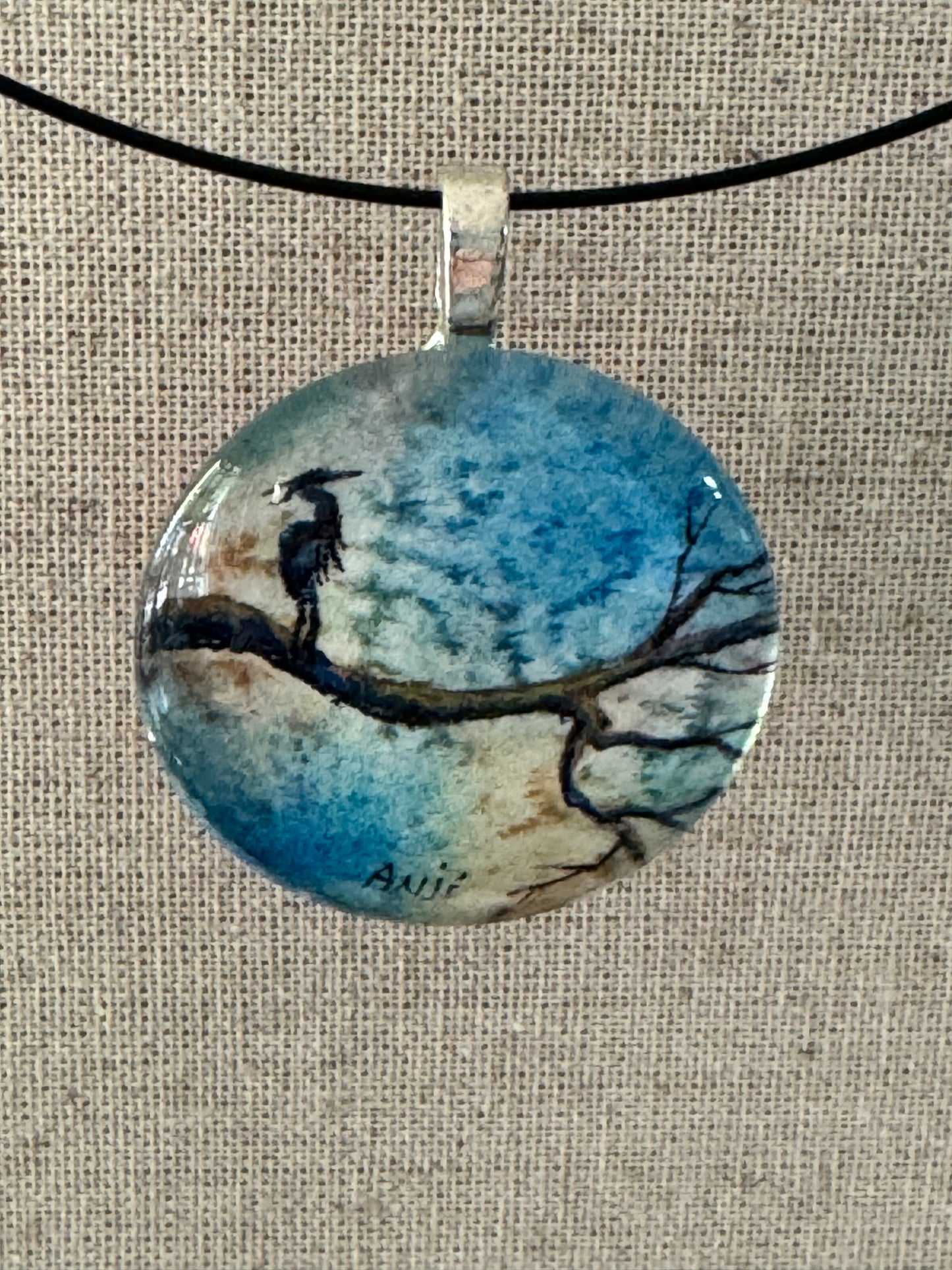 Glass Pendant “Crane” Pendant - original watercolor under glass