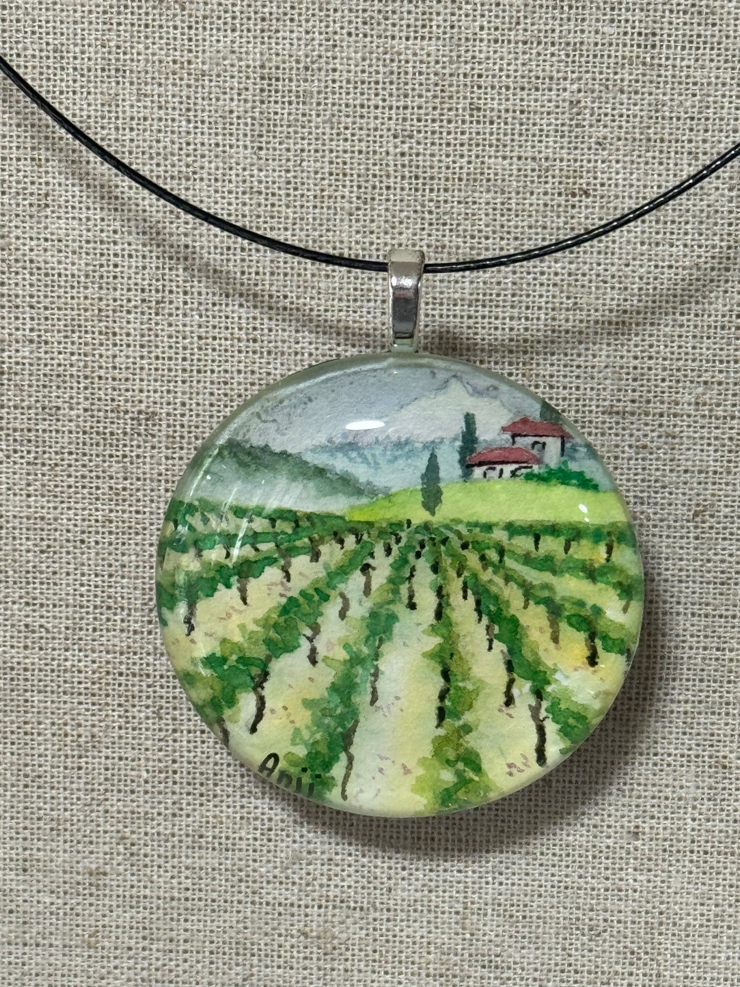 Glass Pendant “Vineyard” Pendant - original watercolor under glass