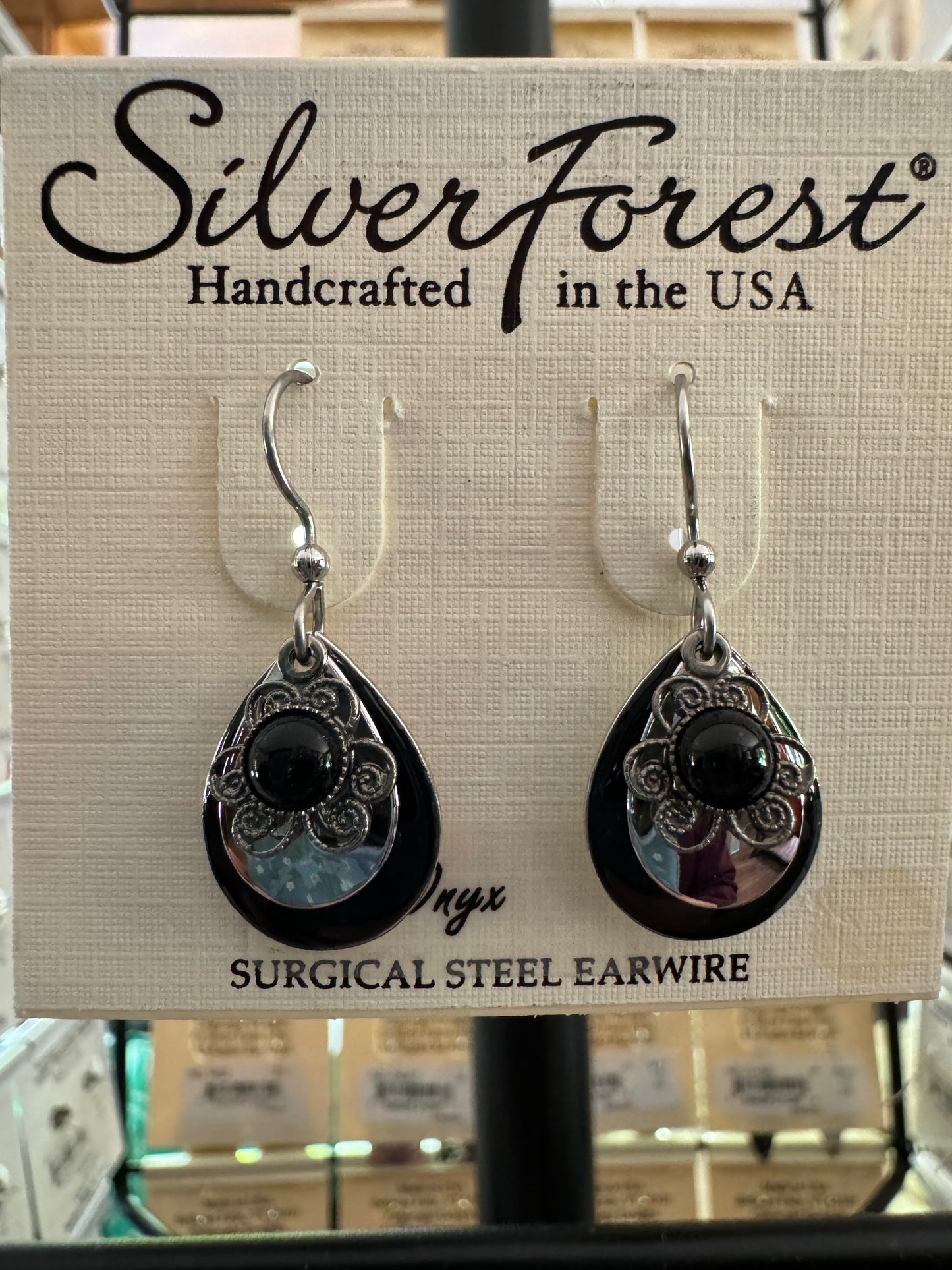 Silver Forest Black Onyx Flower Earrings