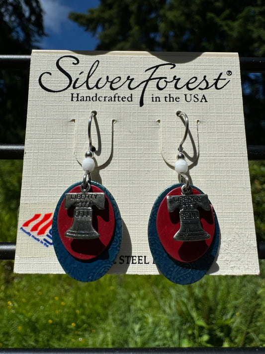 Silver Forest Patriotic Liberty Bell Earrings