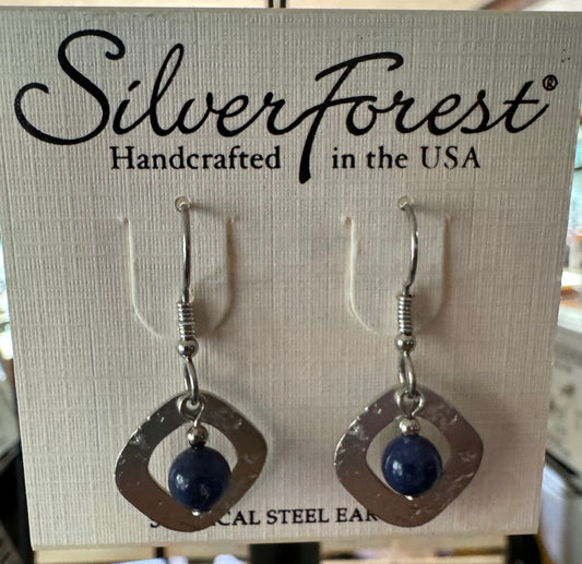 Silver Forest Hammered Diamond with Blue Bead Earrings