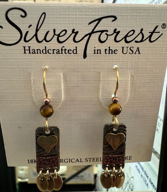 Silver Forest Hearts on Brass and Copper Earrings