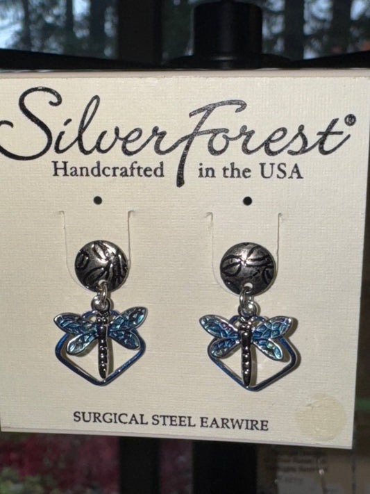 Silver Forest Dragonfly Blue Earrings