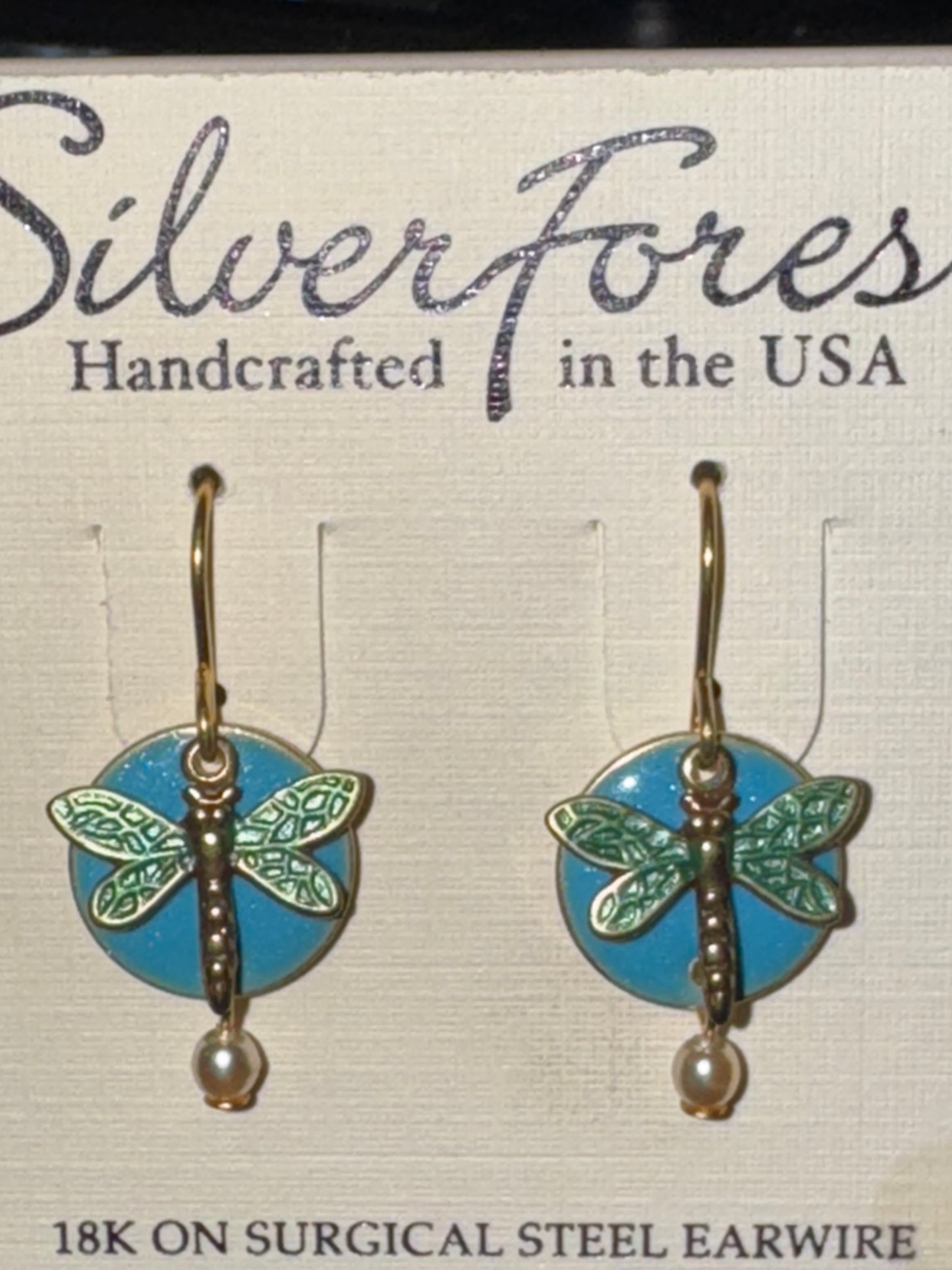 Silver Forest Dragonfly Blue Enamel Gold Drop Earrings