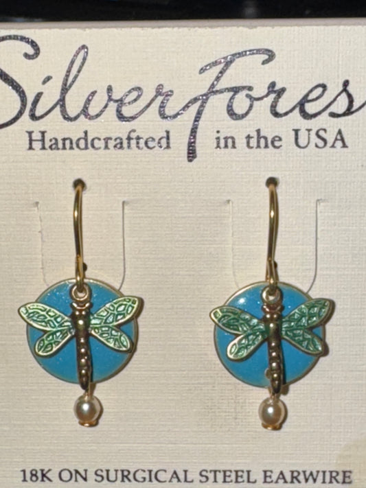Silver Forest Dragonfly Blue Enamel Gold Drop Earrings
