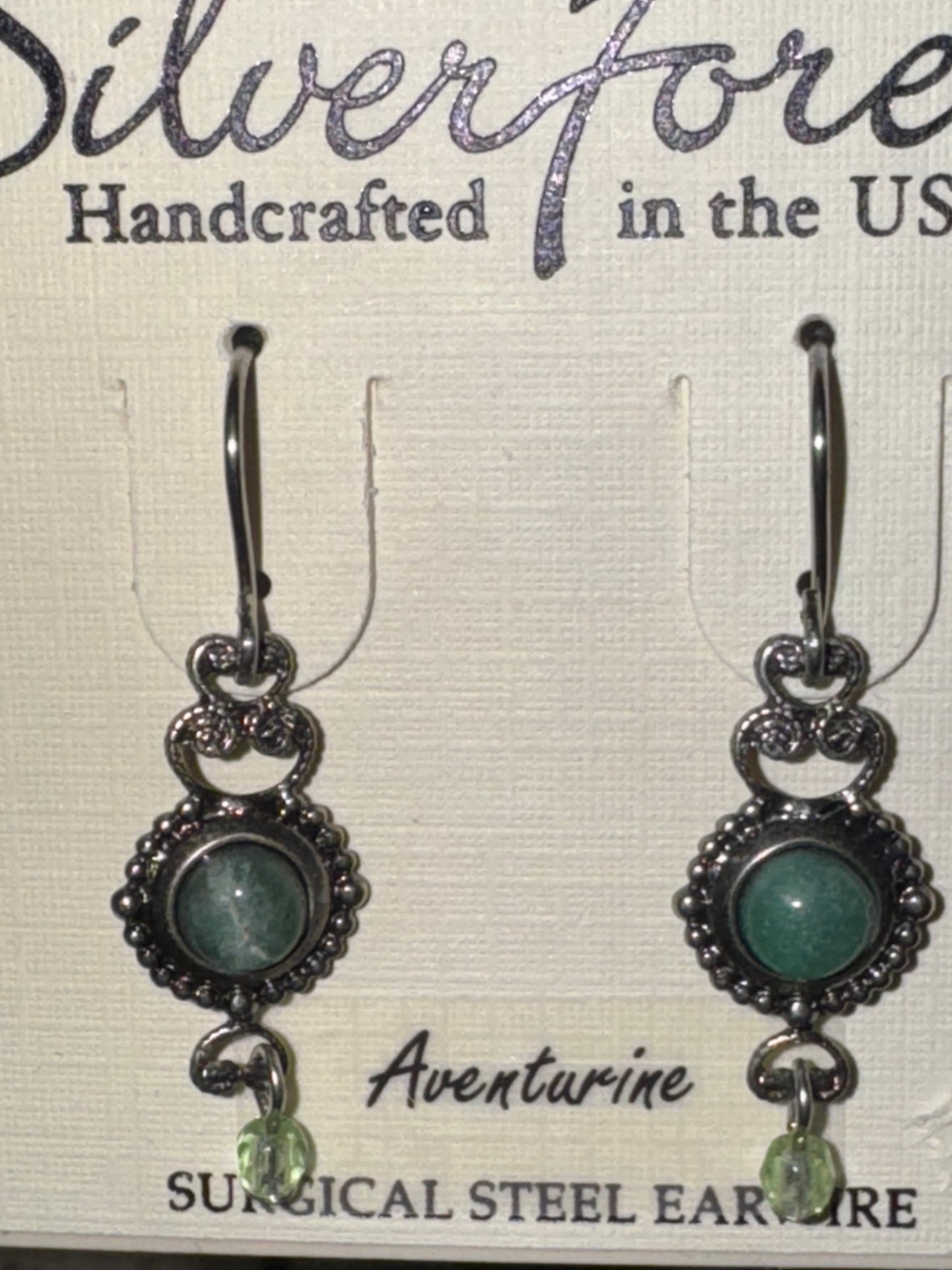 Silver Forest Aventurine Stone Earrings Teardrop Surgical Steel