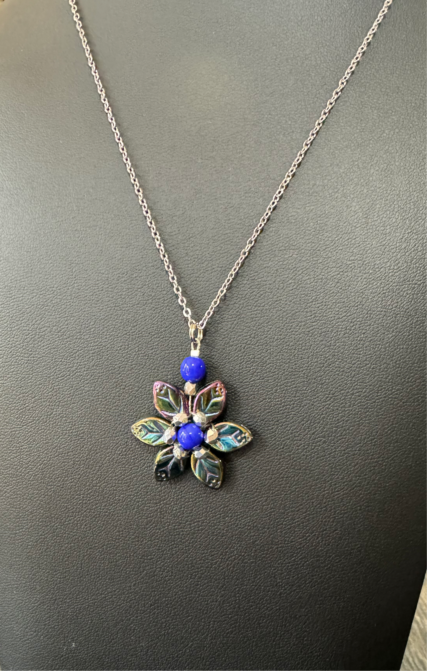 Necklace - Shift Accessories Pendant - Single Blue Czech Glass Flower - Deborah Funches