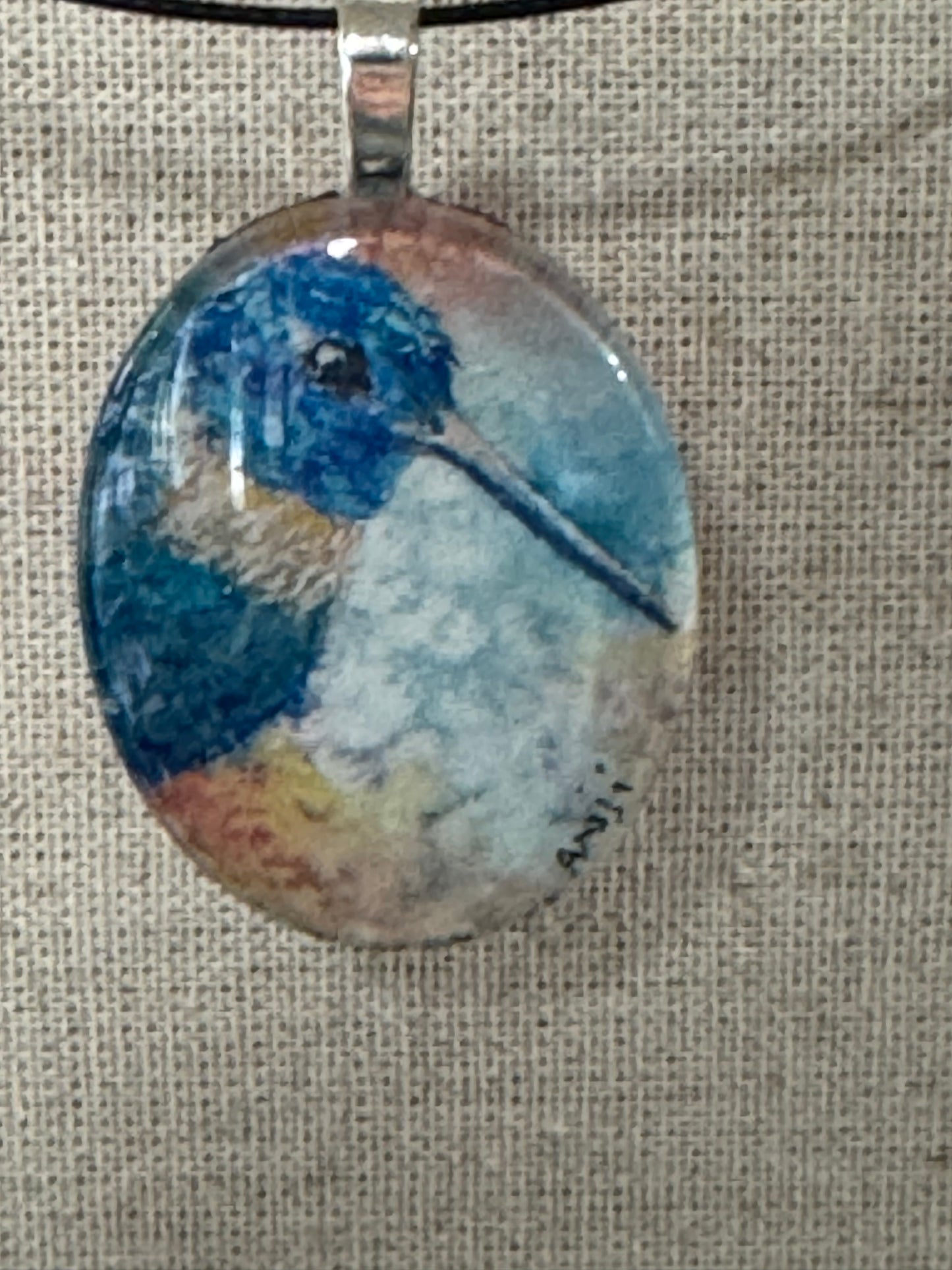 Glass Pendant “Blue Hummer” Pendant - original watercolor under glass