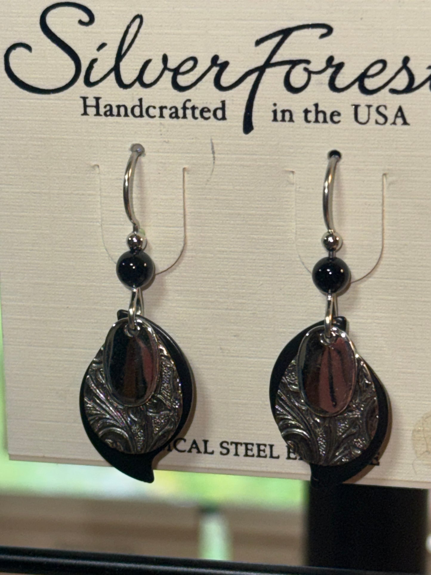 Silver Forest Black and Textured Silver Layered Earrings