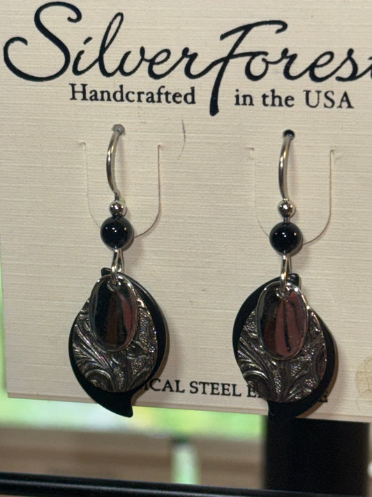 Silver Forest Black and Textured Silver Layered Earrings