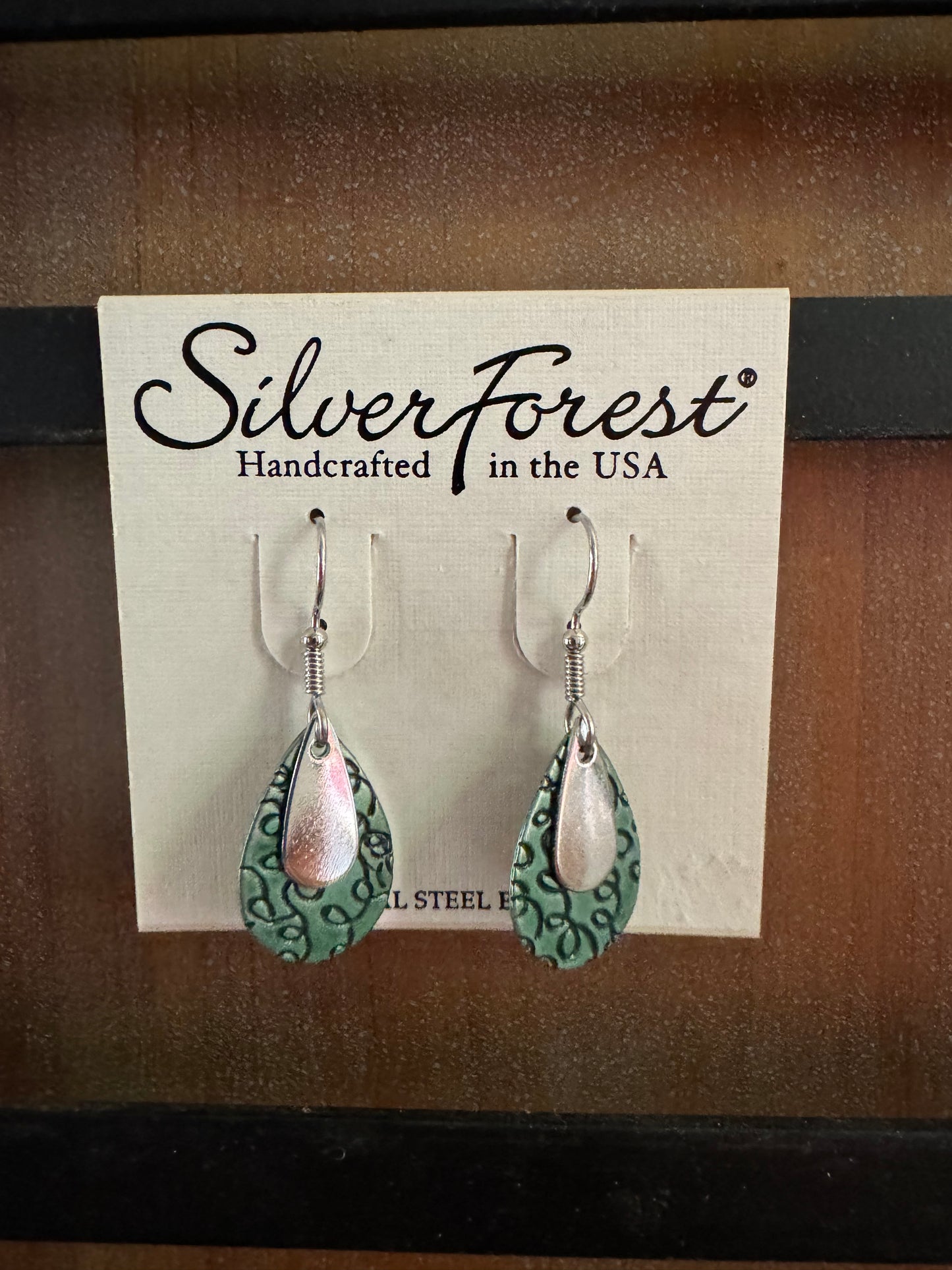 Silver Forest Green Layer Dangle Earrings