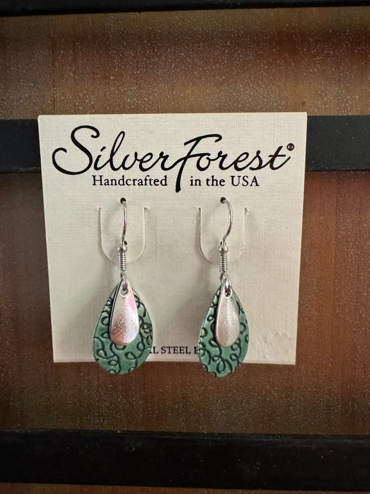 Silver Forest Green Layer Dangle Earrings