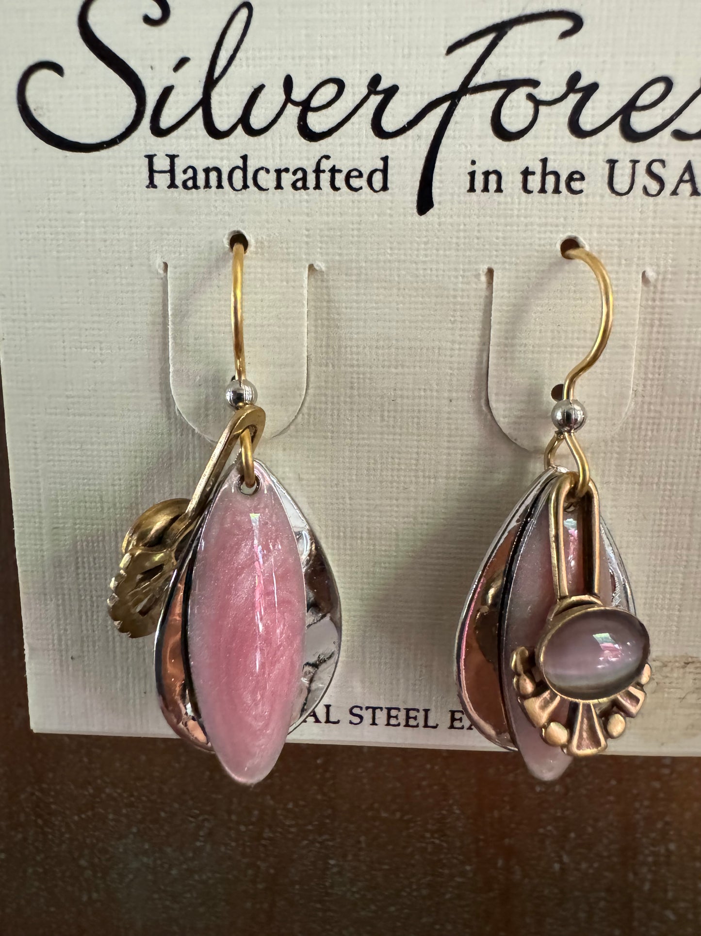 Silver Forest Pink Enamel Layer Earrings