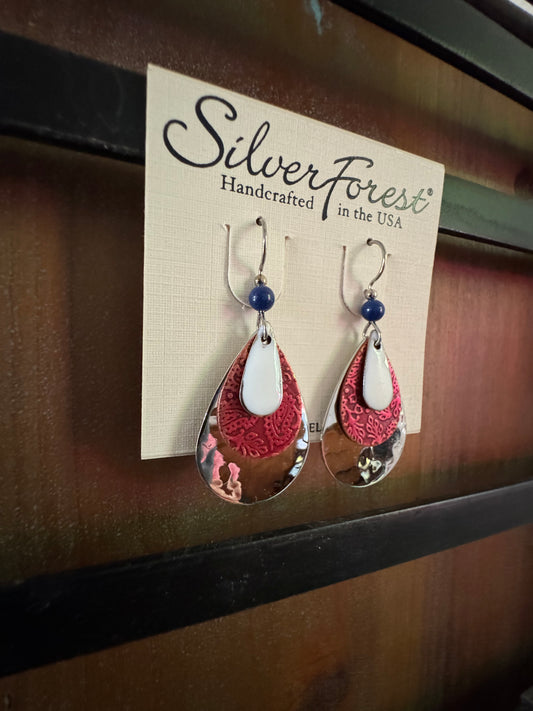 Silver Forest Red White Blue Layered Earrings