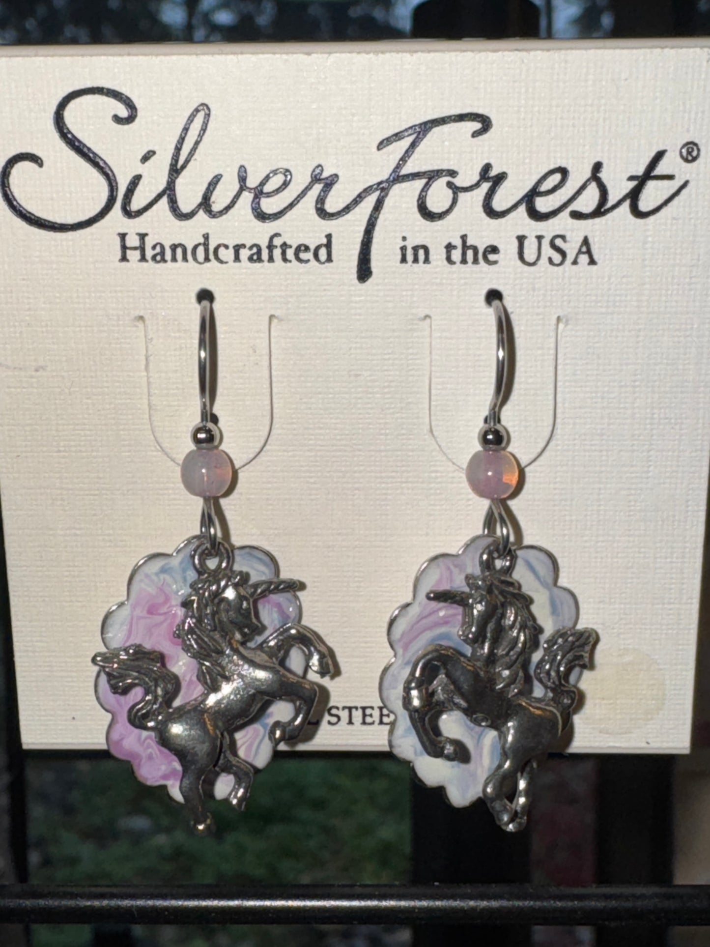 Silver Forest Earrings Unicorns on Purple