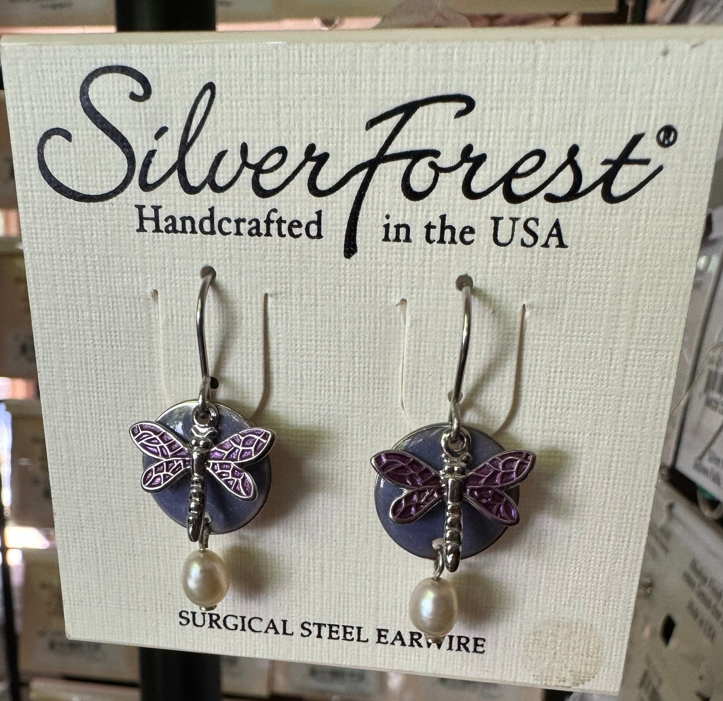 Silver Forest Purple Dragonfly Earrings