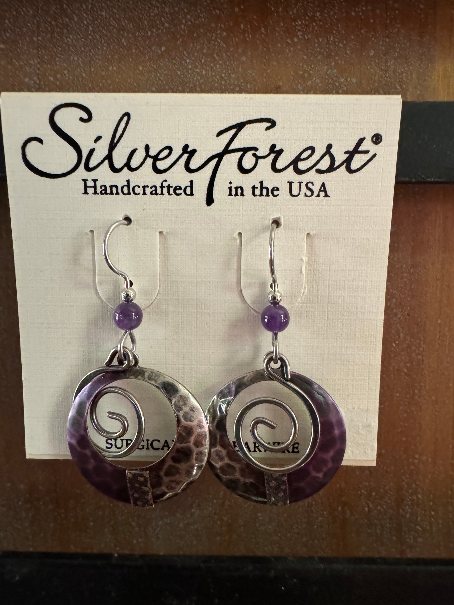 Silver Purple Hammered Loop Swirl Earrings