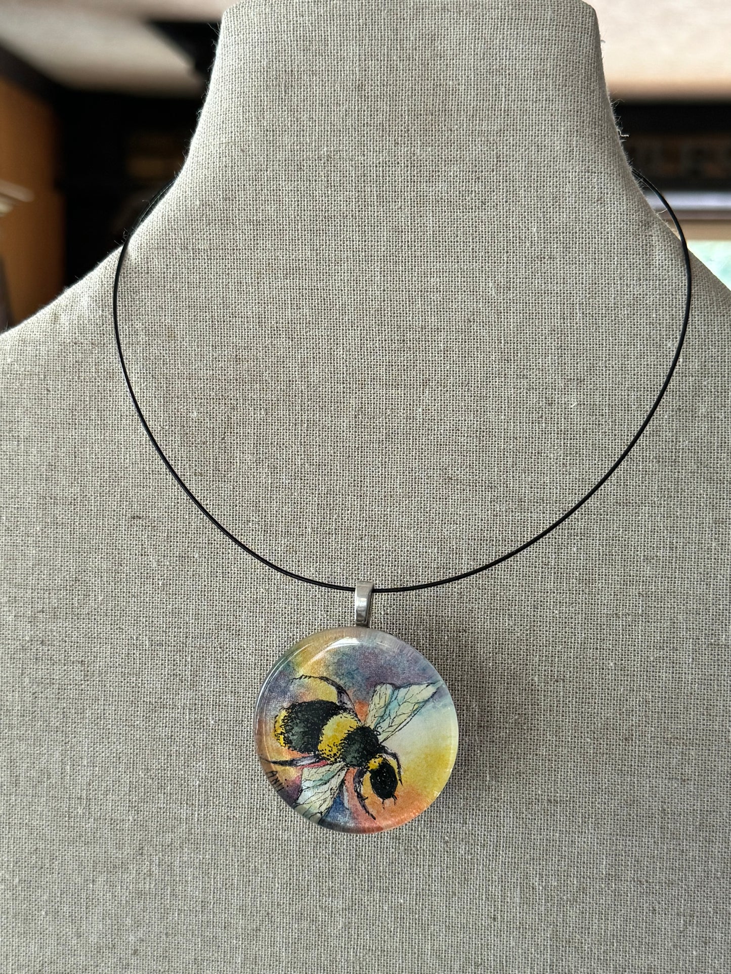 Glass Pendant “Bee” Pendant - original watercolor under glass