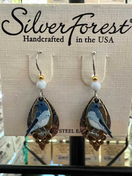 Silver Forest Blue Birds Layered Earrings