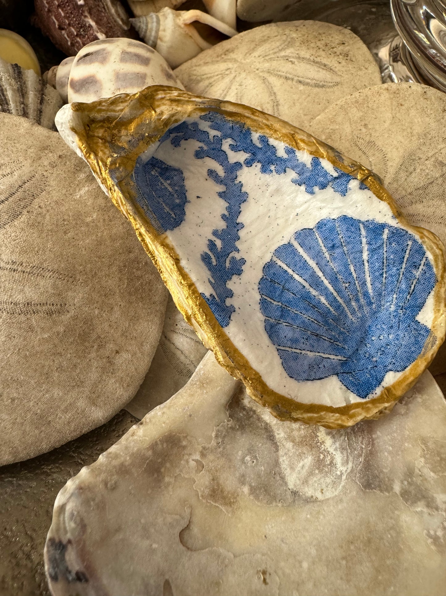 Jewelry Dish - Blue Seashell Print Oyster