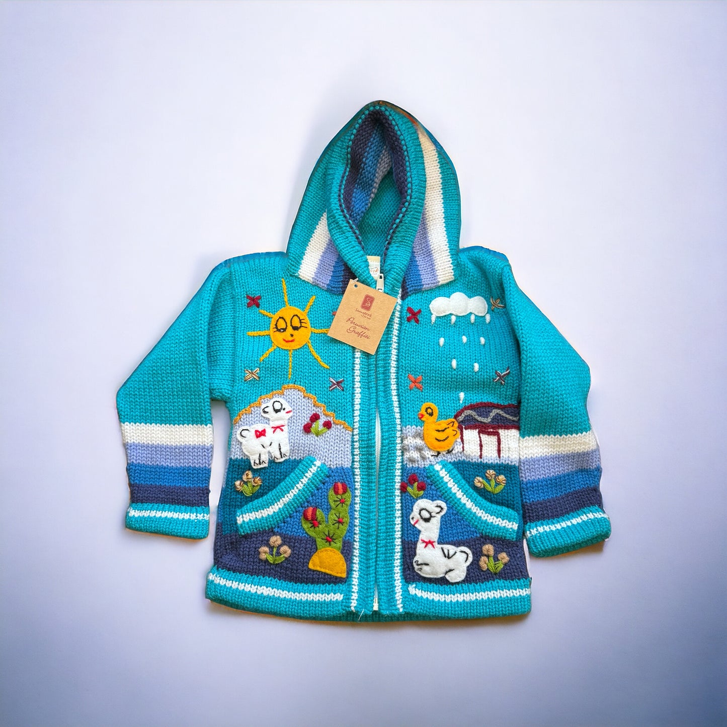 Children's Full Zip Applique Sweater Hoodie - Blue