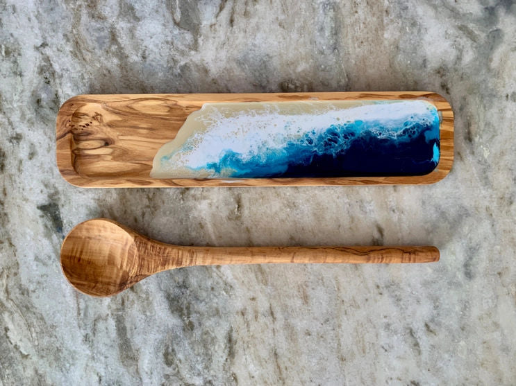 12" Spoon Rest set with Resin Ocean Art and Spoon